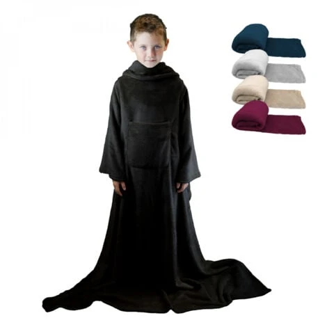 Couverture Polaire Plaid Intégral Avec Manches Et Poche - Taille Enfant Ou Adulte Jusqu'à 1,65m - Noir - Vivezen