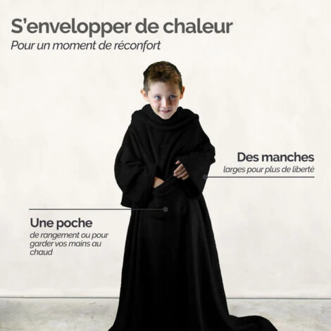Couverture Polaire Plaid Intégral Avec Manches Et Poche - Taille Enfant Ou Adulte Jusqu'à 1,65m - Noir - Vivezen – Image 4