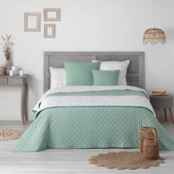 Couvre Lit 2 Pers.220x240 Cm Microfibre Bicolore Mellow Chic Menthe/blanc