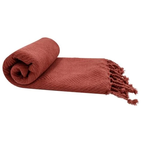 Fouta, Jeté De Lit, Plaid 100% Coton 120 X 150 Cm Avec Franges Jacquard Motif Chevrons Ton Sur Ton Terracotta