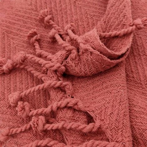 Fouta, Jeté De Lit, Plaid 100% Coton 120 X 150 Cm Avec Franges Jacquard Motif Chevrons Ton Sur Ton Terracotta – Image 2