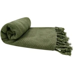Fouta, Jeté De Lit, Plaid 100% Coton 120 X 150 Cm Avec Franges Jacquard Motif Chevrons Ton Sur Ton Vert Kaki