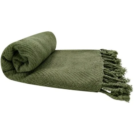Fouta, Jeté De Lit, Plaid 100% Coton 120 X 150 Cm Avec Franges Jacquard Motif Chevrons Ton Sur Ton Vert Kaki