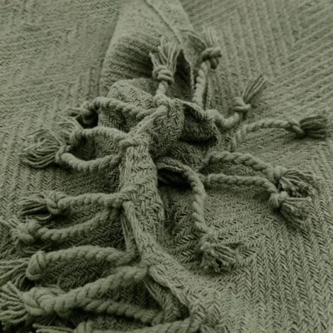 Fouta, Jeté De Lit, Plaid 100% Coton 120 X 150 Cm Avec Franges Jacquard Motif Chevrons Ton Sur Ton Vert Kaki – Image 2