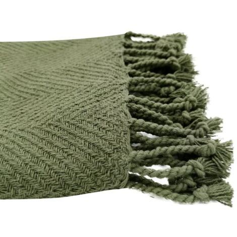 Fouta, Jeté De Lit, Plaid 100% Coton 120 X 150 Cm Avec Franges Jacquard Motif Chevrons Ton Sur Ton Vert Kaki – Image 3
