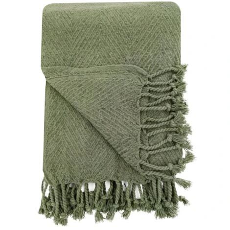 Fouta, Jeté De Lit, Plaid 100% Coton 120 X 150 Cm Avec Franges Jacquard Motif Chevrons Ton Sur Ton Vert Kaki – Image 4