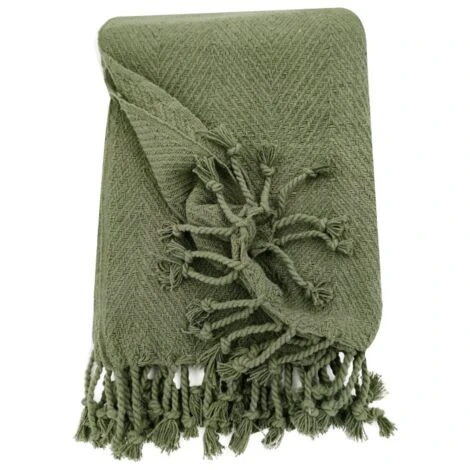 Fouta, Jeté De Lit, Plaid 100% Coton 120 X 150 Cm Avec Franges Jacquard Motif Chevrons Ton Sur Ton Vert Kaki – Image 5