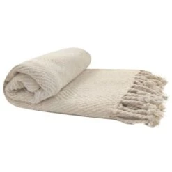 Fouta, Jeté De Lit, Plaid 100% Coton 120 X 150 Cm Avec Franges Jacquard Motif Chevrons Ton Sur Ton Blanc CrÚme