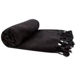 Fouta, Jeté De Lit, Plaid 100% Coton 120 X 150 Cm Avec Franges Jacquard Motif Chevrons Ton Sur Ton Noir