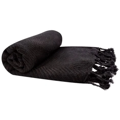 Fouta, Jeté De Lit, Plaid 100% Coton 120 X 150 Cm Avec Franges Jacquard Motif Chevrons Ton Sur Ton Noir