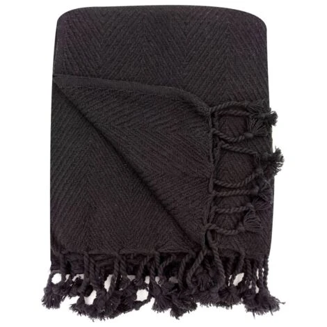 Fouta, Jeté De Lit, Plaid 100% Coton 120 X 150 Cm Avec Franges Jacquard Motif Chevrons Ton Sur Ton Noir – Image 4