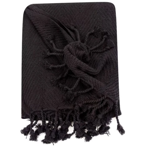Fouta, Jeté De Lit, Plaid 100% Coton 120 X 150 Cm Avec Franges Jacquard Motif Chevrons Ton Sur Ton Noir – Image 5