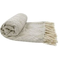 Fouta, Jeté De Lit, Plaid 100% Coton 120 X 150 Cm Avec Franges Jacquard Motif Géométrique Chevrons Taupe