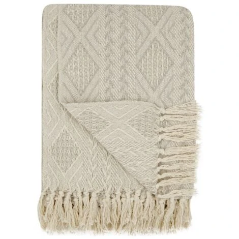 Fouta, Jeté De Lit, Plaid 100% Coton 120 X 150 Cm Avec Franges Jacquard Motif Géométrique Chevrons Taupe – Image 4