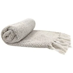 Fouta, Jeté De Lit, Plaid 100% Coton 120 X 150 Cm Avec Franges Jacquard Micromotif Losanges Beige