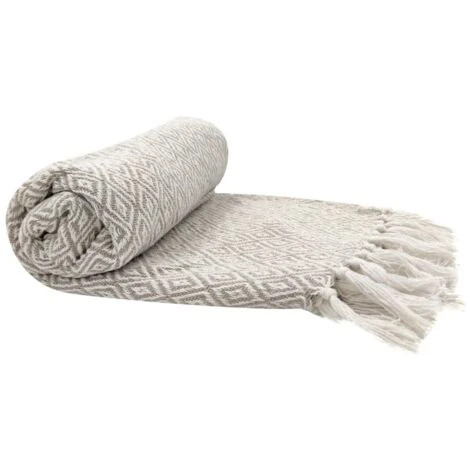 Fouta, Jeté De Lit, Plaid 100% Coton 120 X 150 Cm Avec Franges Jacquard Micromotif Losanges Beige