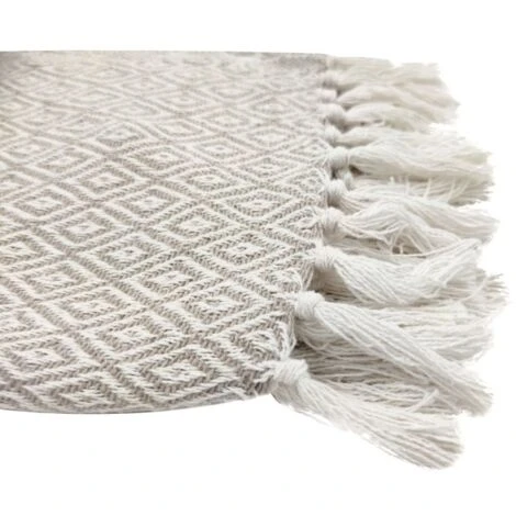 Fouta, Jeté De Lit, Plaid 100% Coton 120 X 150 Cm Avec Franges Jacquard Micromotif Losanges Beige – Image 3