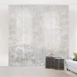 Ensemble De Rideaux Coulissants - Shabby Concrete Look - 4 Rideaux à Panneaux Dimension: 250 X 240cm (4 Rideaux á 250 X 60cm), Système De Montage: Montage Au Plafond