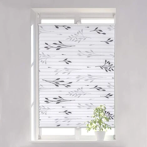WOLTU Store Plissé Fixation Sans Perçage.Store De Fenêtre Avec Motif De Feuilles.60x130cm.Gris