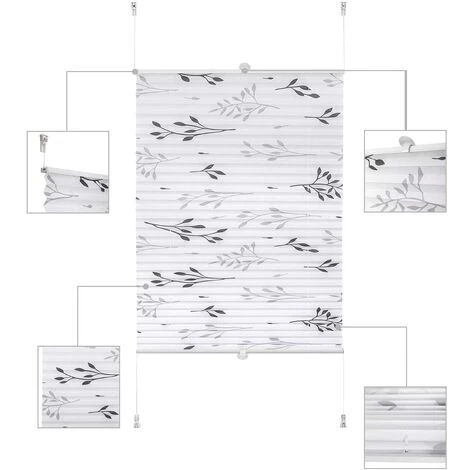 WOLTU Store Plissé Fixation Sans Perçage.Store De Fenêtre Avec Motif De Feuilles.60x130cm.Gris – Image 2
