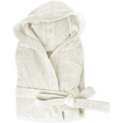 Peignoir Eponge 100% Coton Couleur Unie Doux Homme Femme Ceinture Poches Capuche Creme - XXL