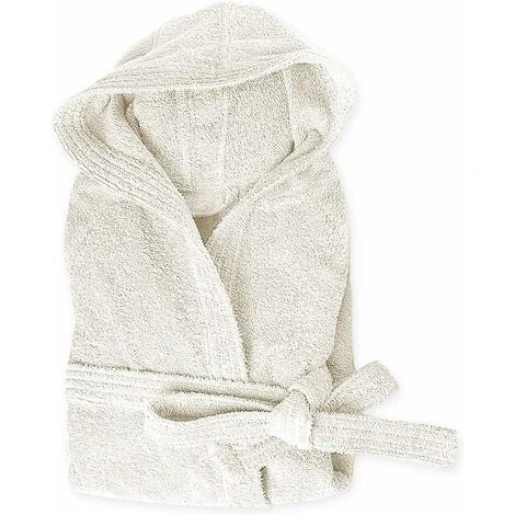 Peignoir Eponge 100% Coton Couleur Unie Doux Homme Femme Ceinture Poches Capuche Creme - XXL