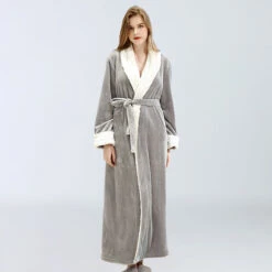 Peignoir Polaire Femme, Robe De Chambre Peignoir à Doux Avec Poches Hiver Cadeau De Noël L Gris