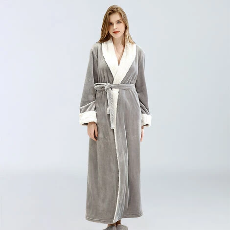 Peignoir Polaire Femme, Robe De Chambre Peignoir à Doux Avec Poches Hiver Cadeau De Noël L Gris