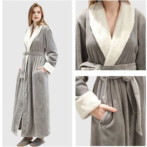 Peignoir Polaire Femme, Robe De Chambre Peignoir à Doux Avec Poches Hiver Cadeau De Noël L Gris – Image 2