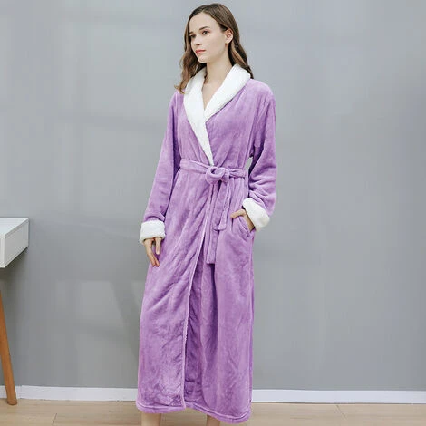 Peignoir Polaire Femme, Robe De Chambre Peignoir à Doux Avec Poches Hiver Cadeau De Noël L Violet