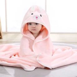 Cape De Bain Bébé à Capuche, Coton Sortie De Bain Bébé Avec Design Animal, Drap Serviette De Bain Pour Bébé Nouveau-né (Lapin Rose)