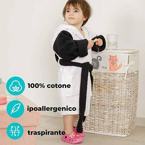Baroni Home Peignoir Pour Enfant Et Fille Avec Capuche, Peignoir Bebe Fille Et Garçon 100 % Coton, Avec Poches Et Capot – Panda 4/6 Ans – Image 3