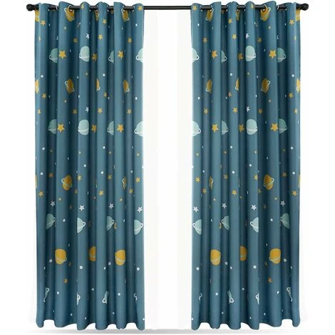 2 Pièces 1.52.5M Rideaux Planète Bleue, Rideaux Occultants Enfants Rideaux, Occultants En Polyester Rideaux De Chambre à Coucher De Planètes Bleues De Dessin Animé Pour Chambre