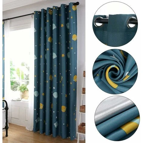 2 Pièces 1.52.5M Rideaux Planète Bleue, Rideaux Occultants Enfants Rideaux, Occultants En Polyester Rideaux De Chambre à Coucher De Planètes Bleues De Dessin Animé Pour Chambre – Image 3