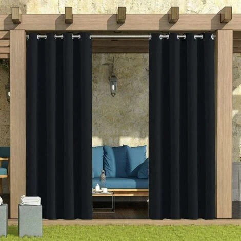 Rideau Imperméable Extérieur, Isolation Thermique, Coupe-Vent Et Protection UV Rideaux Occultants Convient Pour Les Jardins, Pavillons, Balcons,Terrasse (Noir, 2 PCS / 132 X 240 CM) – Image 2
