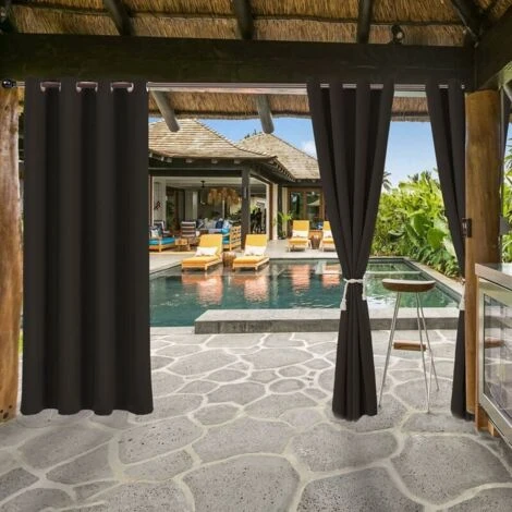 Rideau Imperméable Extérieur, Isolation Thermique, Coupe-Vent Et Protection UV Rideaux Occultants Convient Pour Les Jardins, Pavillons, Balcons,Terrasse (Noir, 2 PCS / 132 X 240 CM) – Image 4