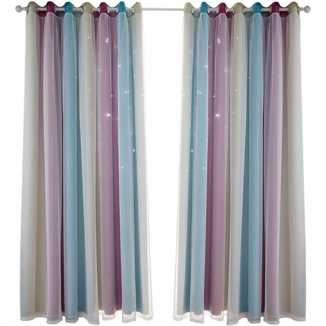 Rideaux étoiles Doubles Creux Rideaux étoiles Double Couche Pour Enfants Filles Chambre Chambre D'enfant Colorée Avec Voile Rideaux Pour Enfants Rideaux Bleus 53 "B X 63" H (134x160cm) Violet