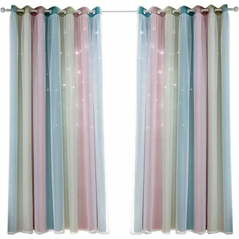 Rideaux étoiles Doubles Creux Rideaux étoiles Double Couche Pour Enfants Filles Chambre Chambre D'enfant Colorée Avec Voile Rideaux Pour Enfants Rideaux Bleus 53 "B X 83" H (134x210cm) Arc-en-ciel