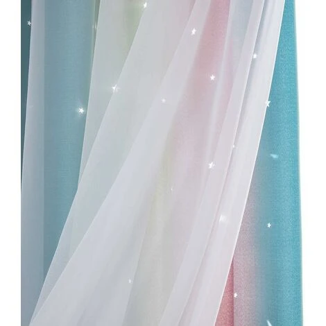 Rideaux étoiles Doubles Creux Rideaux étoiles Double Couche Pour Enfants Filles Chambre Chambre D'enfant Colorée Avec Voile Rideaux Pour Enfants Rideaux Bleus 53 "B X 83" H (134x210cm) Arc-en-ciel – Image 5