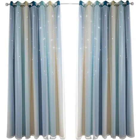 Rideaux Double Creux Étoiles Rideaux Étoiles Double Couche Pour Enfants Filles Chambre Coloré Chambre D'enfant Avec Voile Rideaux Pour Enfants Blueout Rideaux 53 "B X 83" H (134x210cm) Bleu