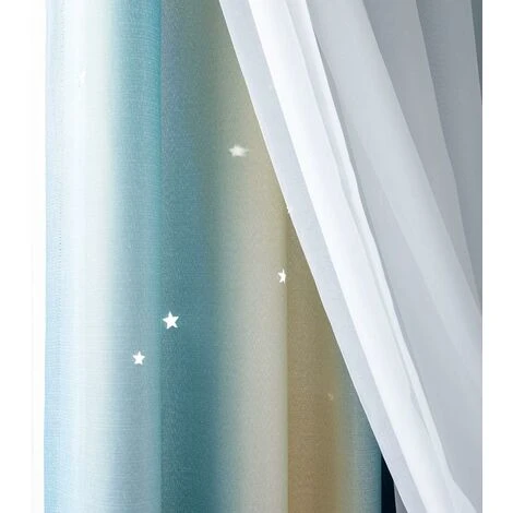 Rideaux Double Creux Étoiles Rideaux Étoiles Double Couche Pour Enfants Filles Chambre Coloré Chambre D'enfant Avec Voile Rideaux Pour Enfants Blueout Rideaux 53 "B X 83" H (134x210cm) Bleu – Image 3