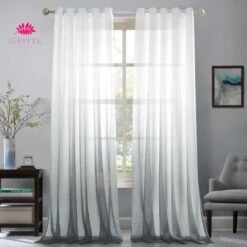 Rideaux Voilage 2 Panneaux 132X259CM Ombre Dégradé Semi-Transparent En Effet Lin à Oeillet, Blanc/Gris FUIENKO