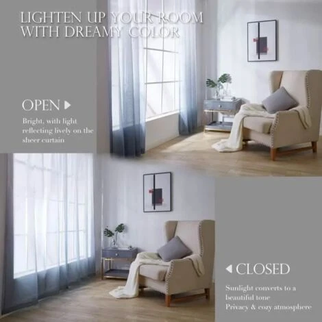 Rideaux Voilage 2 Panneaux 132X259CM Ombre Dégradé Semi-Transparent En Effet Lin à Oeillet, Blanc/Gris FUIENKO – Image 3