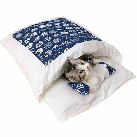 Litière Pour Chat Sac De Couchage Pour Chat Fermé Amovible Et Lavable Couette Pour Chat Hiver Chaud Litière Pour Animaux De Compagnie Chenil, Bleu Foncé L