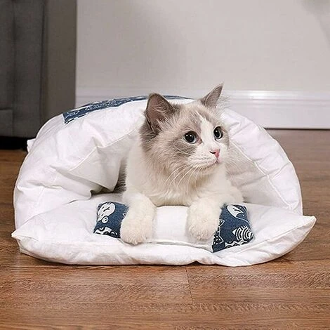 Litière Pour Chat Sac De Couchage Pour Chat Fermé Amovible Et Lavable Couette Pour Chat Hiver Chaud Litière Pour Animaux De Compagnie Chenil, Bleu Foncé L – Image 2