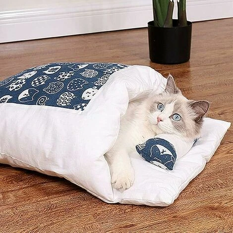 Litière Pour Chat Sac De Couchage Pour Chat Fermé Amovible Et Lavable Couette Pour Chat Hiver Chaud Litière Pour Animaux De Compagnie Chenil, Bleu Foncé L – Image 3