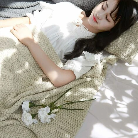 Couverture En Tricot Plaids Canapé Couvre-lit Tapis De Table Jetés De Lit Nordique Chaud Doux Avec Frange Faite à La Main Pour Plage Pique-Nique Toutes Saisons (Beige,110 X 150cm) – Image 3