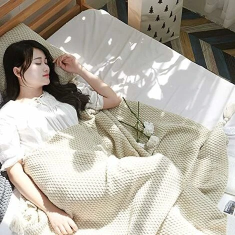 Couverture En Tricot Plaids Canapé Couvre-lit Tapis De Table Jetés De Lit Nordique Chaud Doux Avec Frange Faite à La Main Pour Plage Pique-Nique Toutes Saisons (Beige,110 X 150cm) – Image 4