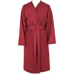Peignoir Microfibre Moderne Couleur Unie Doux Homme Femme Ceinture Poches Capuche Bordeaux - L