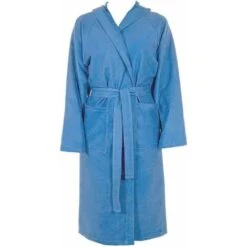 Peignoir Microfibre Moderne Couleur Unie Doux Homme Femme Ceinture Poches Capuche Bleu - L